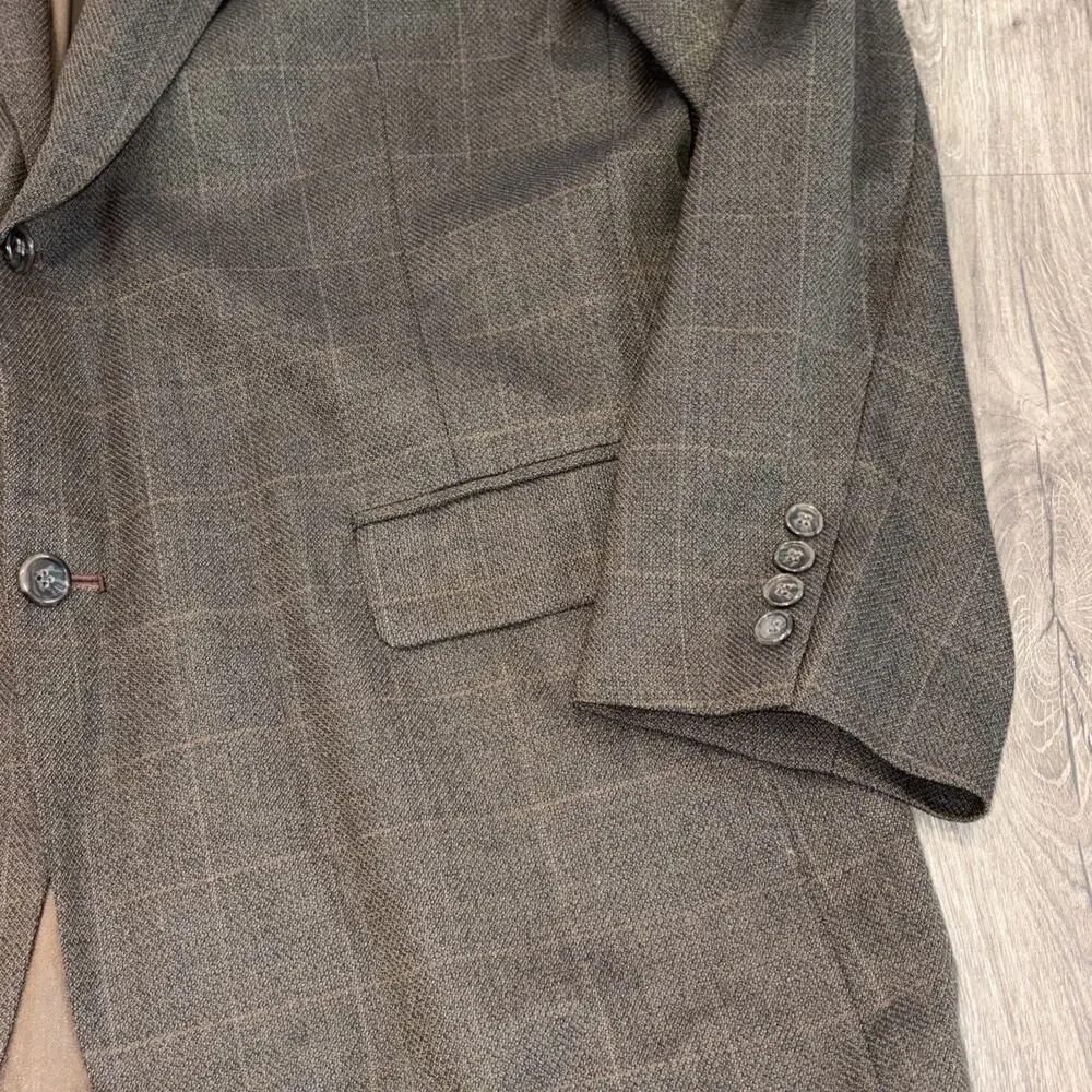 Haggar Mens Sport Coat Blazer 2 Button Brown Plaid Windowpane Jacket Size 46L